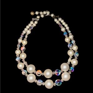 Vintage Two-Strand 14"Aurora Borealis Crystal Bead Faux Pearl Statement Necklace